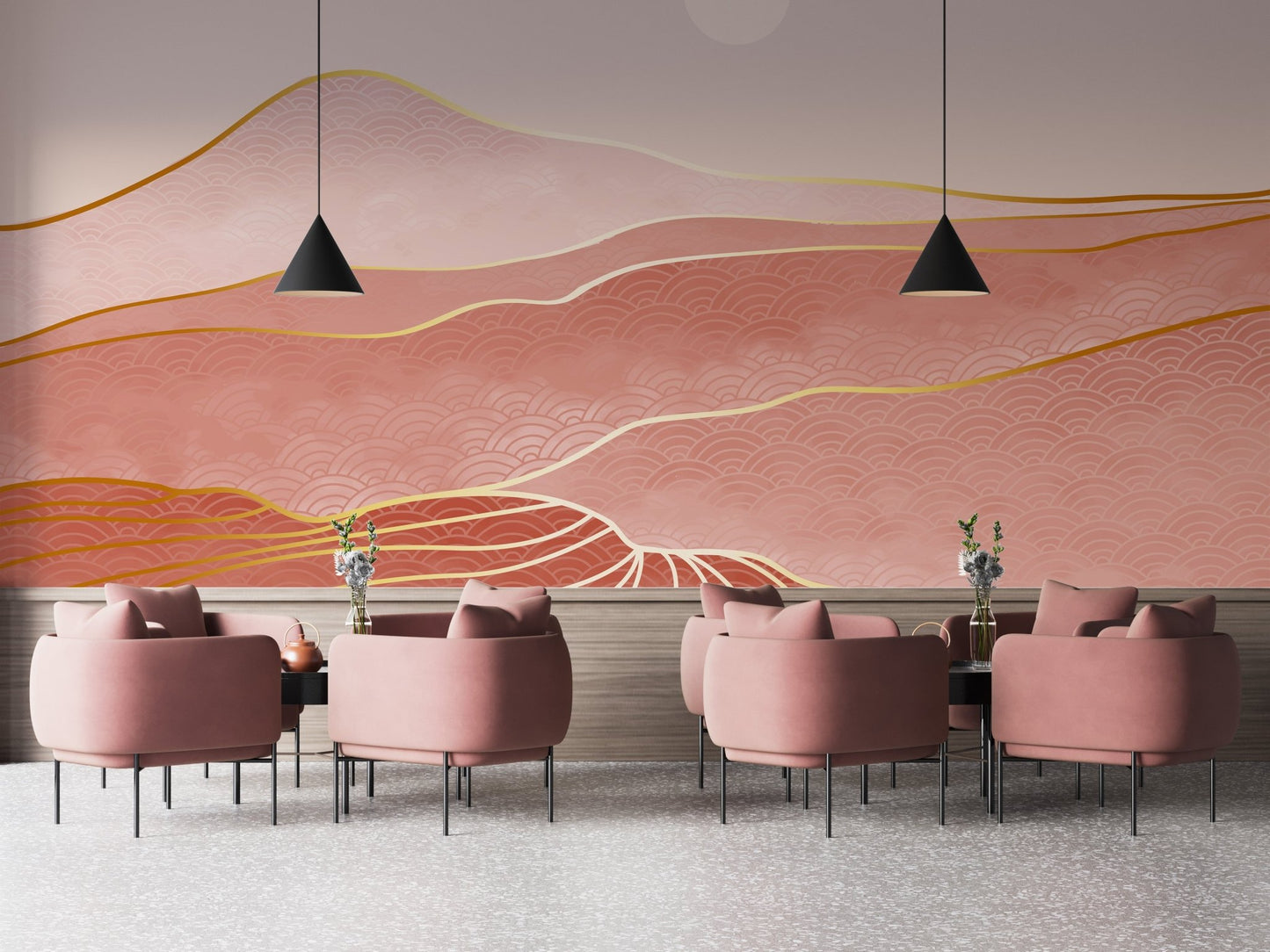 Pink and gold wall mural for a restaurant interior.