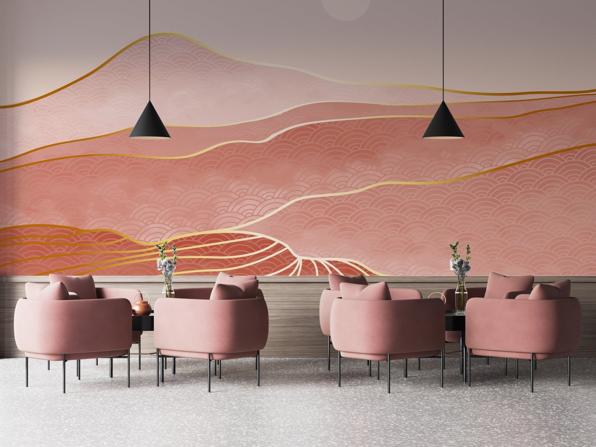 Pink and gold wall mural for a restaurant interior.