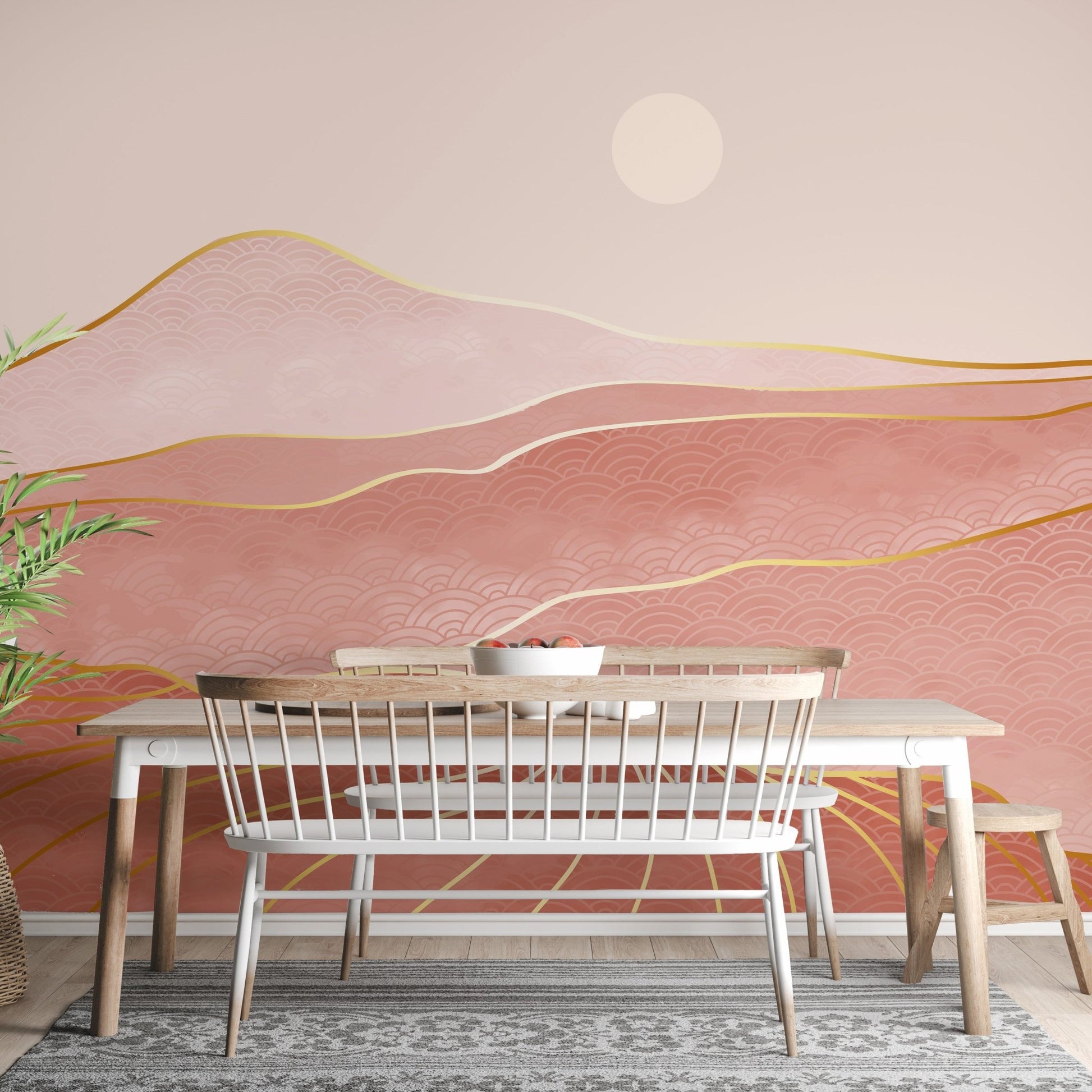 Abstract pink mountain wall mural in a dining area.