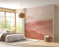 Pink and gold wall mural in a sunlit bedroom interior.