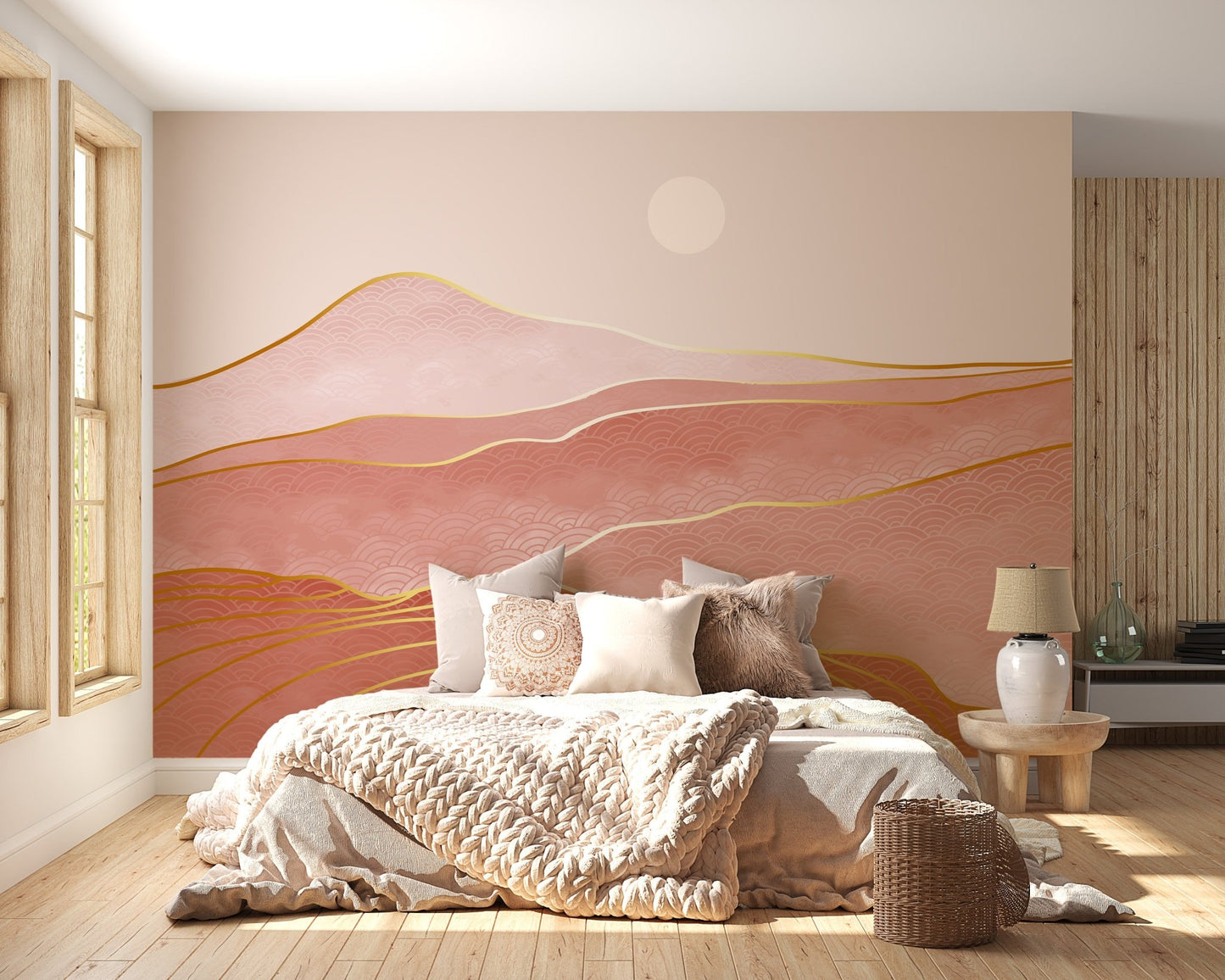 Minimalist bedroom featuring pink mountain wall mural