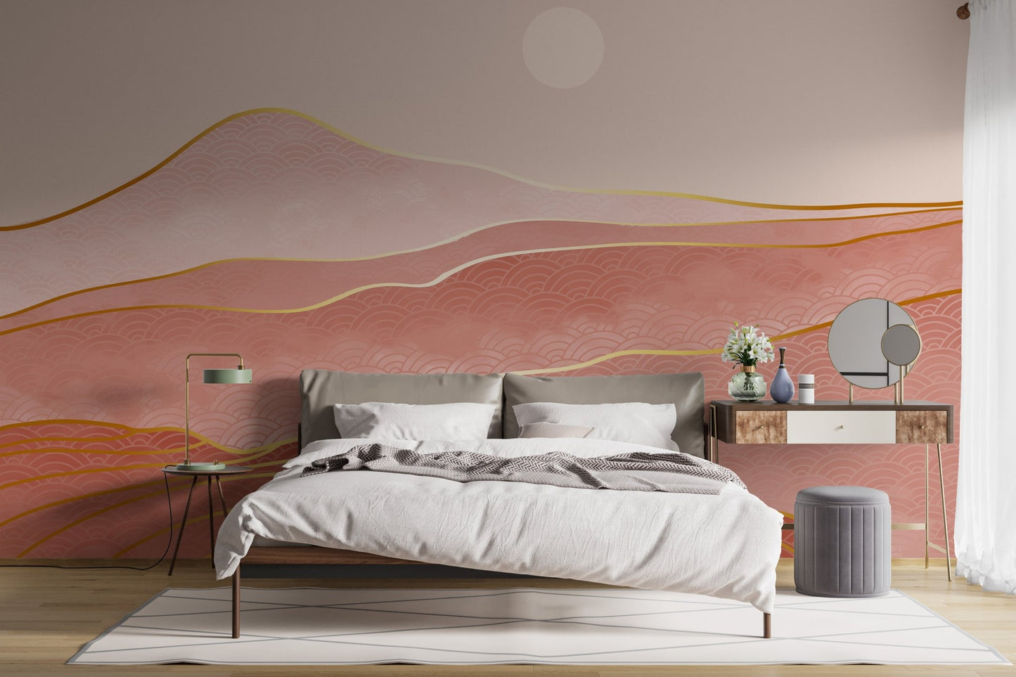 Modern bedroom with Pink & Gold Mountain Wall Murals.