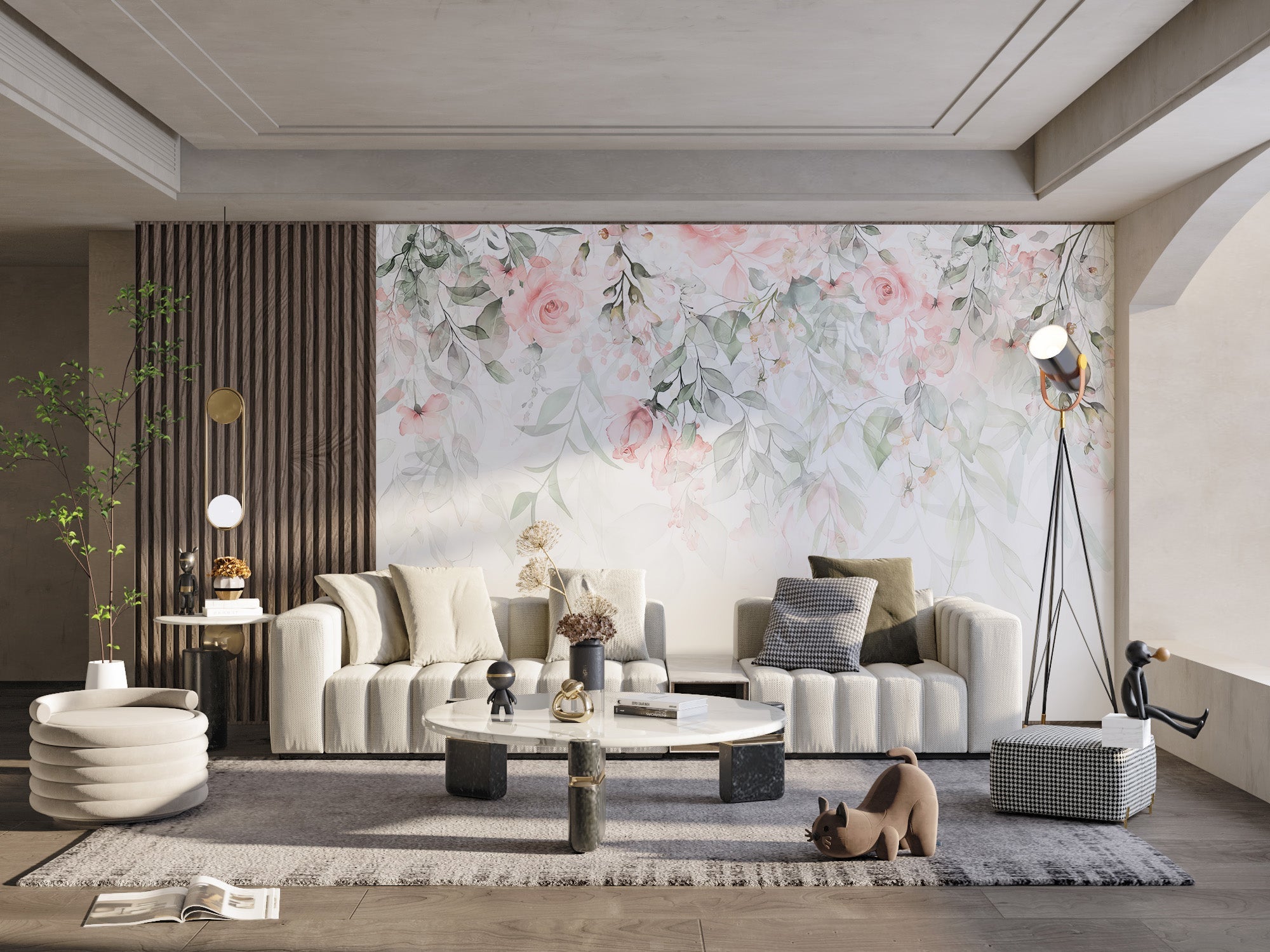 Pink hanging flower wall mural soft blush floral wallpaper design.