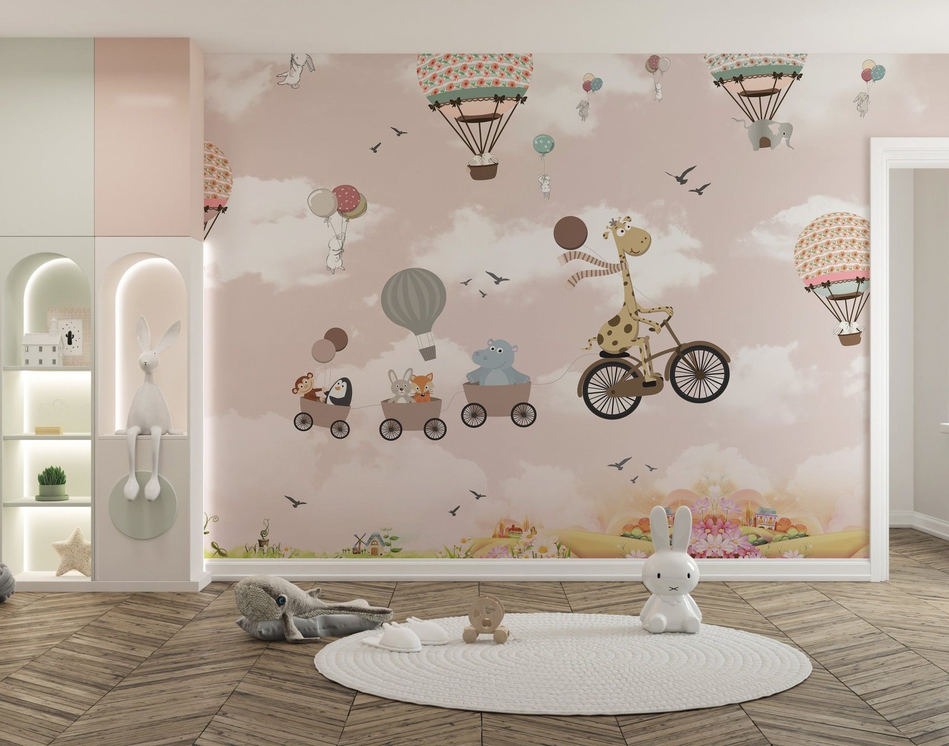 Large scale wall mural showing animals in hot air balloons and a giraffe on a cycle in nursery.