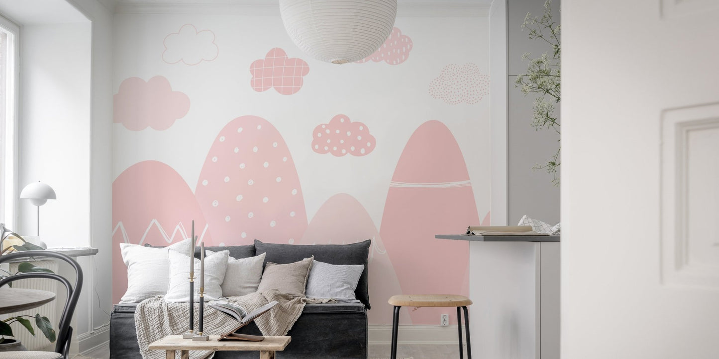 Misty mountain range mural in soft pink tones for living room.
