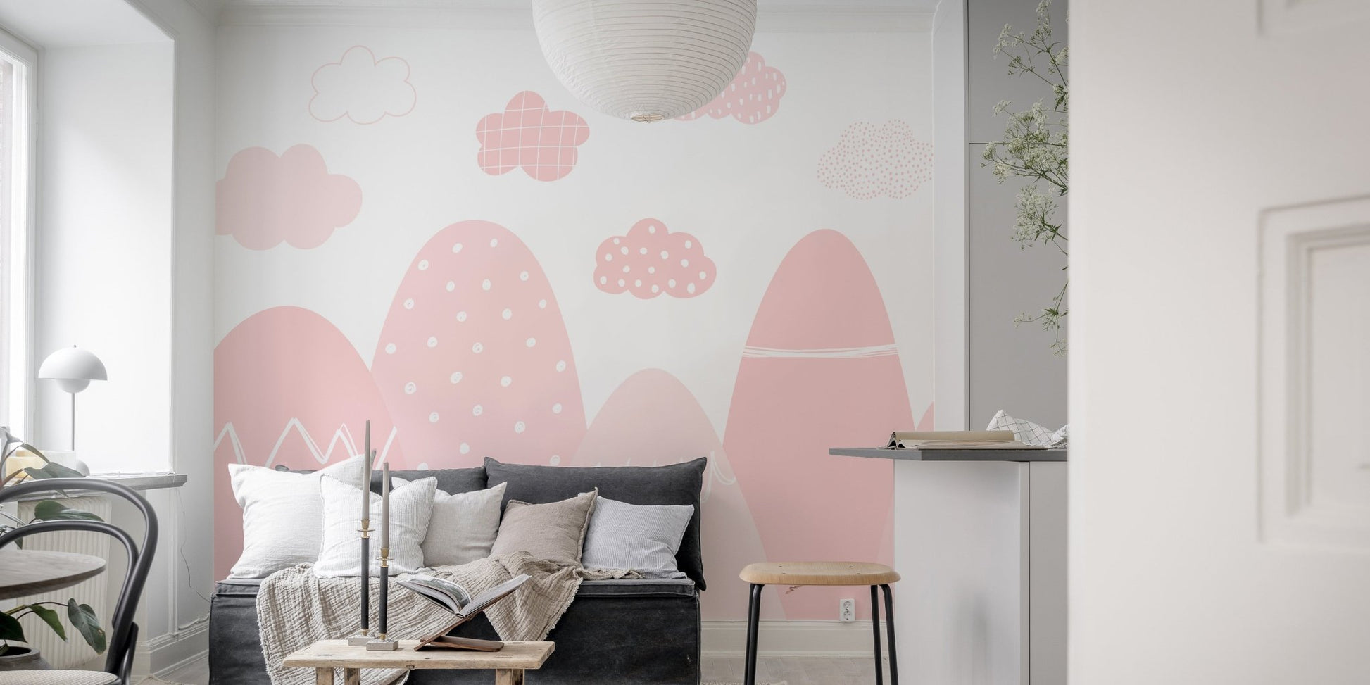 Misty mountain range mural in soft pink tones for living room.
