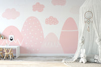 Elegant pink mountain mural with a misty, ethereal design in nursery.
