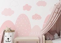 Pink misty mountain range mural adding charm to children room interiors.
