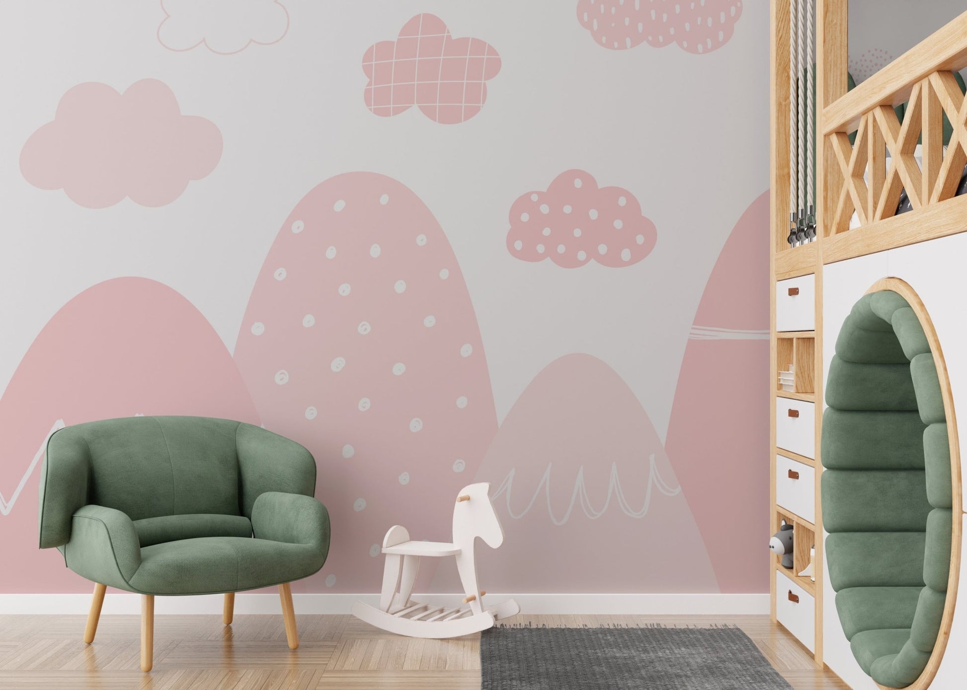 Misty range wall mural in pink hues for stylish and cozy nursery.