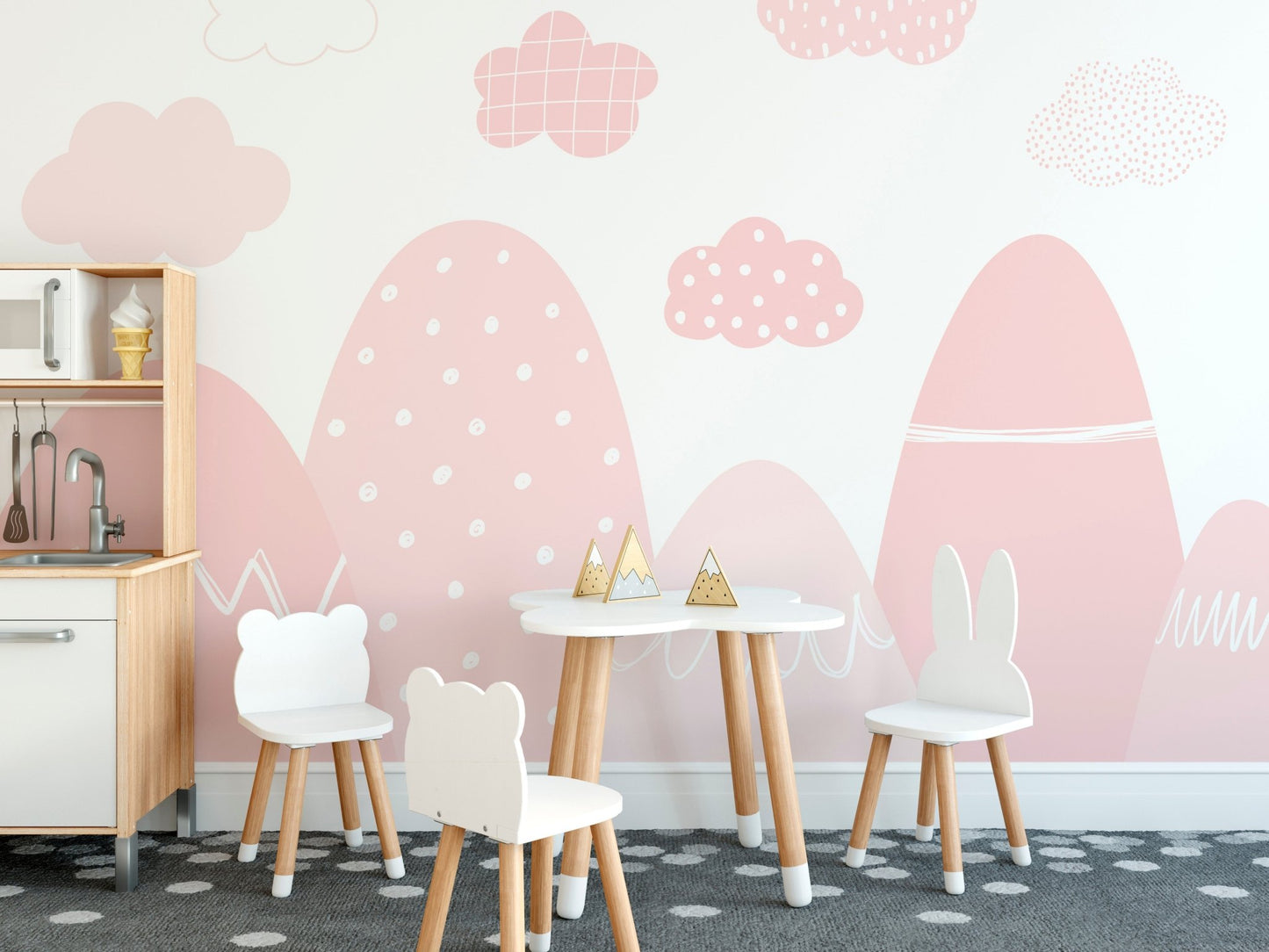Misty pink range mural perfect for peaceful kids dining spaces.
