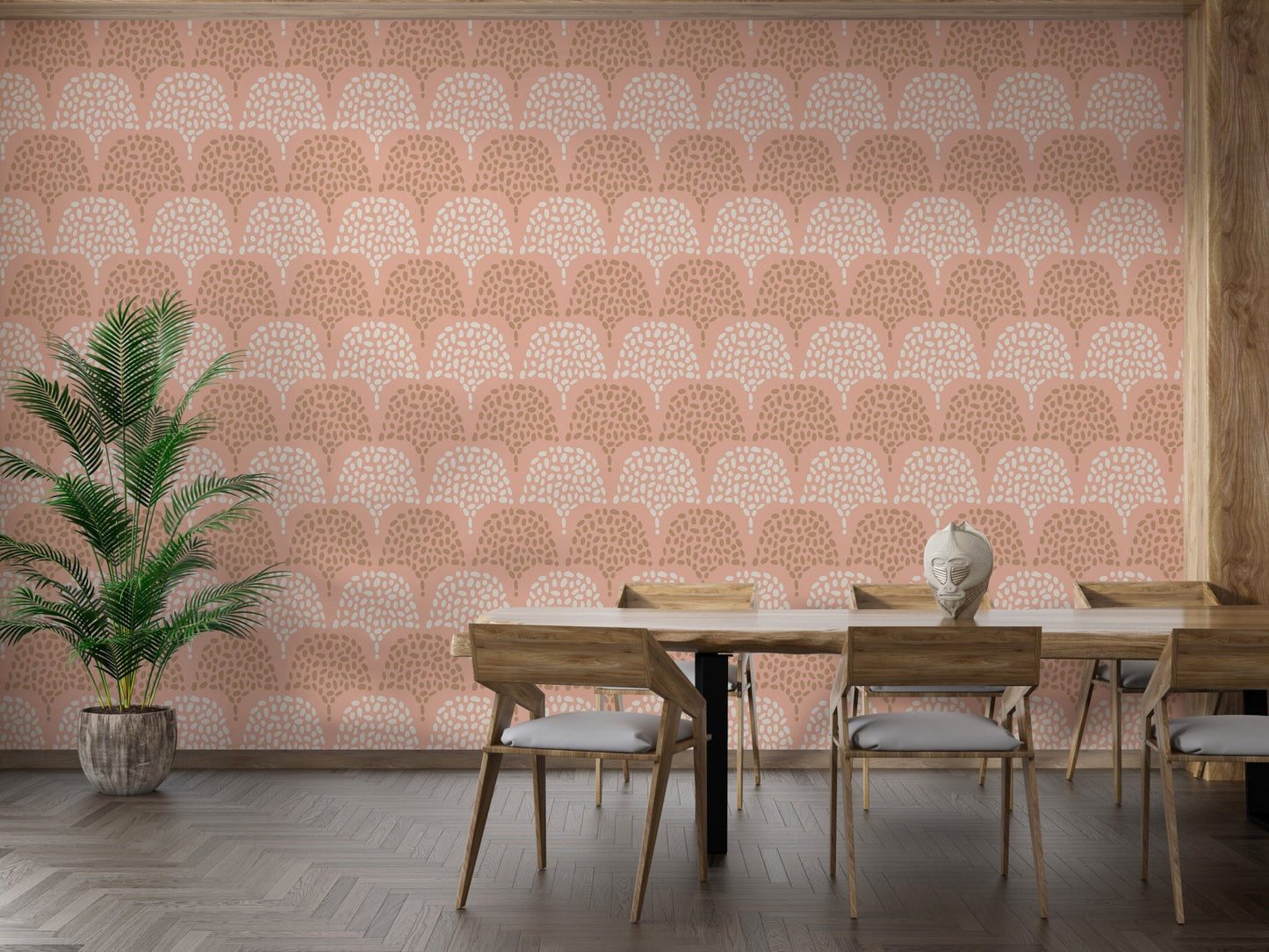 Hand-drawn arch wallpaper in a dining room with wooden furniture.