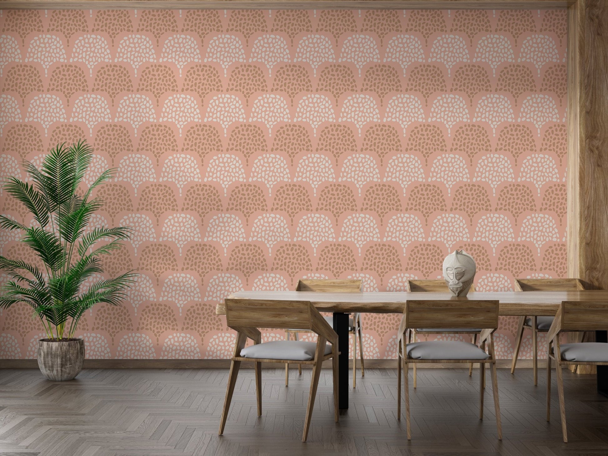 Hand-drawn arch wallpaper in a dining room with wooden furniture.