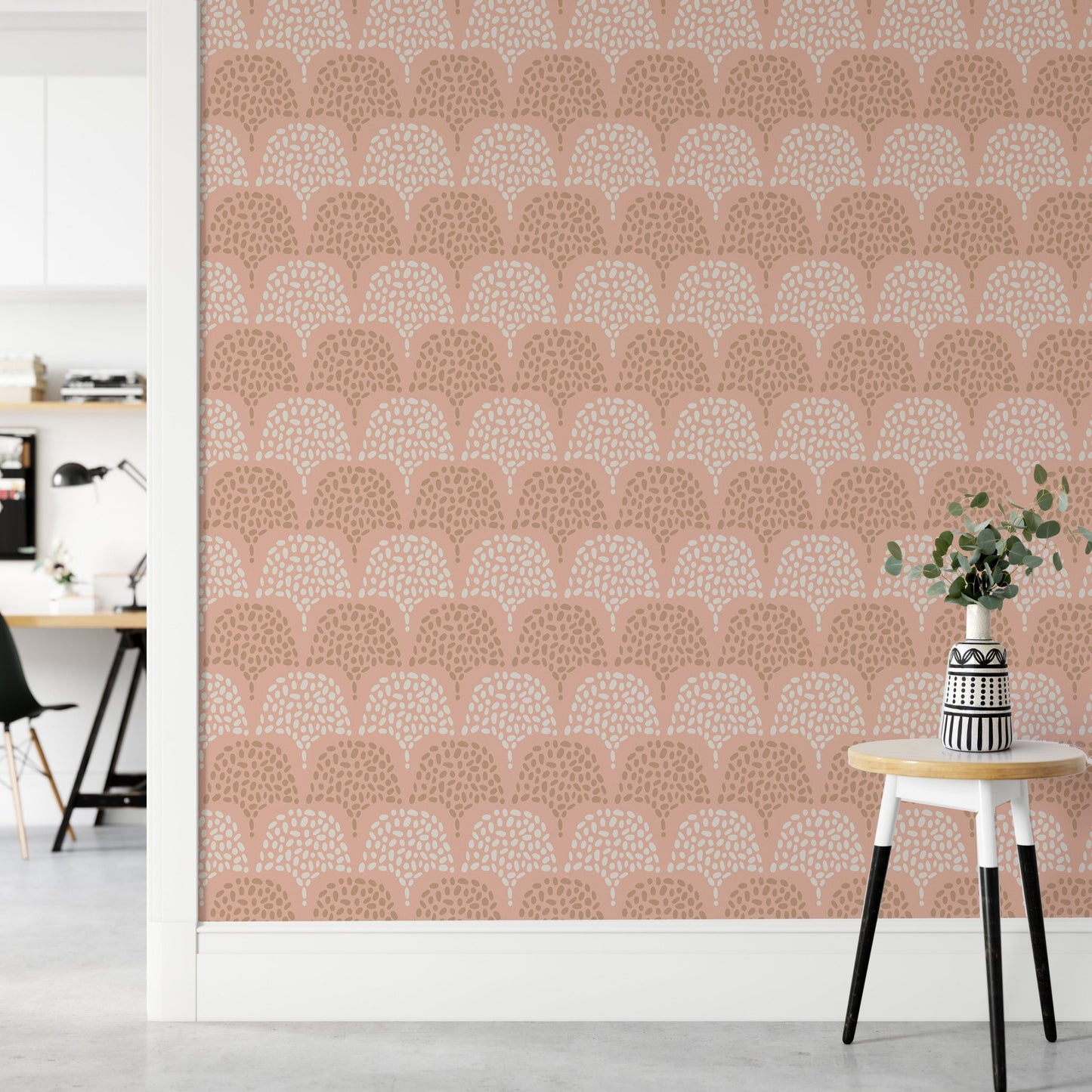 Light pink wallpaper with geometric boho shapes for home decor.