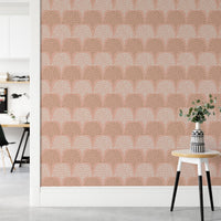 Light pink wallpaper with geometric boho shapes for home decor.