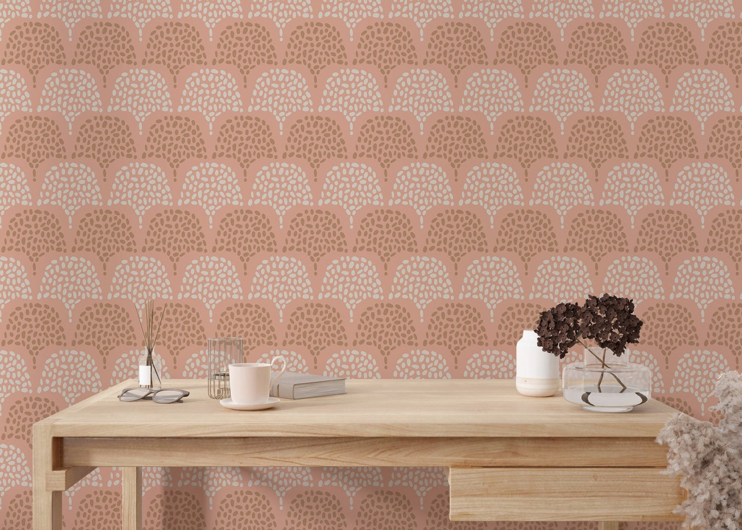 Boho wall mural with arch patterns in a minimalist study room setting.