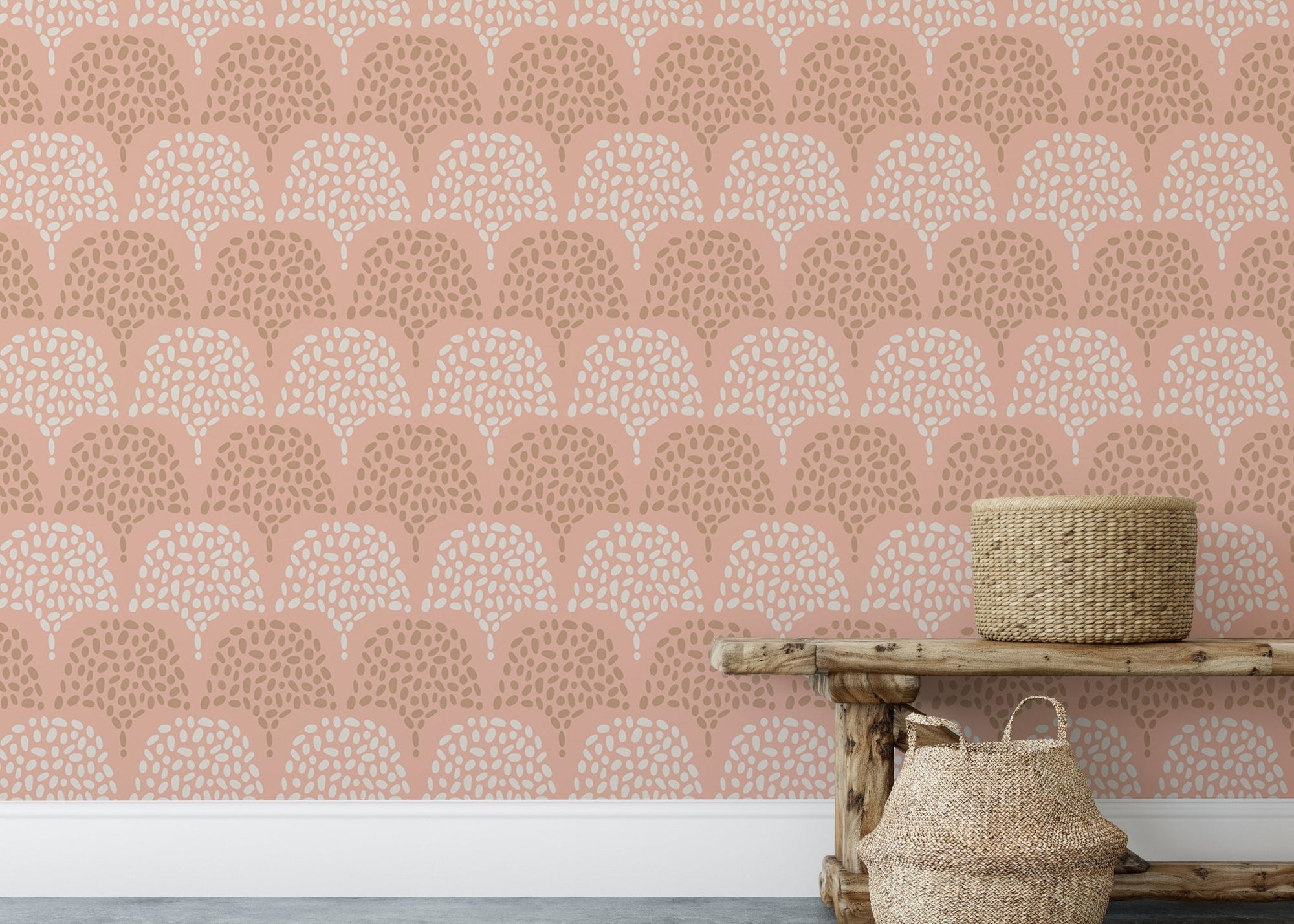 Pink pastel color background boho repeat pattern wallpaper on a feature wall.