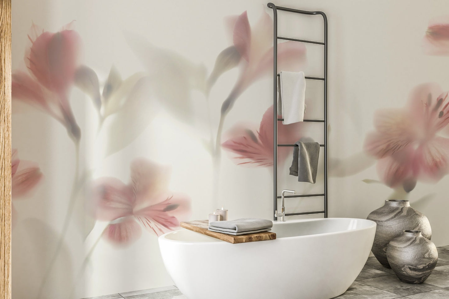 White bathtub in modern bathroom featuring soft pink floral wall mural.