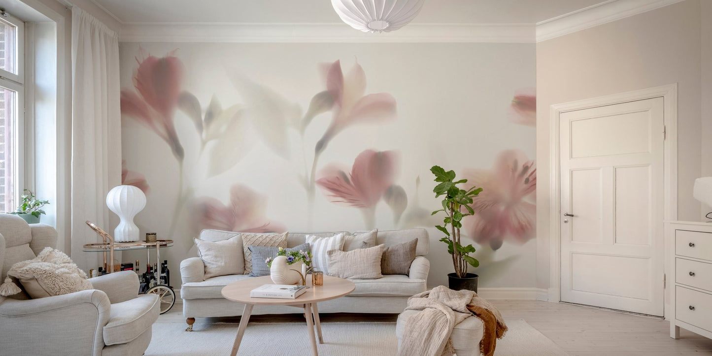 Living room with beige sofa and large scale pink flower wall mural.