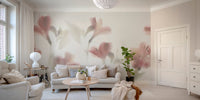 Living room with beige sofa and large scale pink flower wall mural.