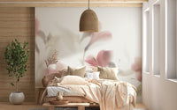 Bedroom with wooden beams and Pink Pastel Flower Wall Mural behind the bed.