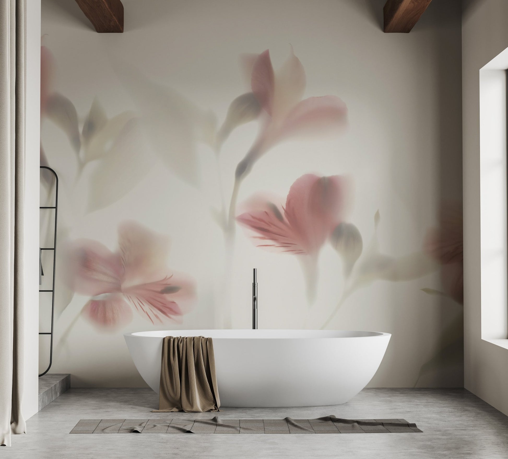 Minimalist washroom with white tub and blurred pink petal wall mural.