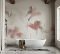 Minimalist washroom with white tub and blurred pink petal wall mural.
