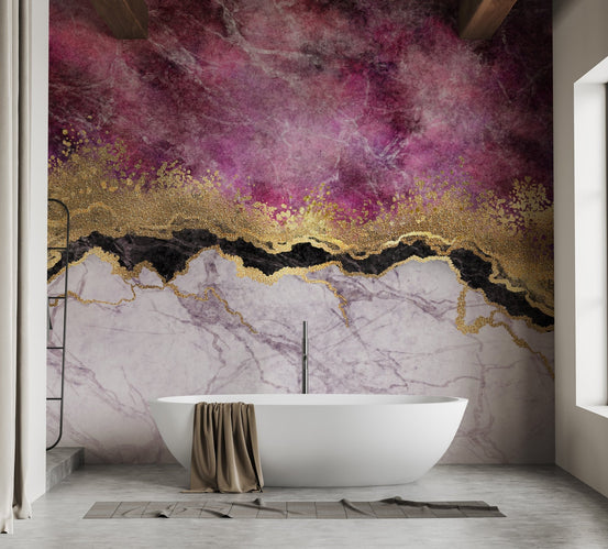 Pink Pearlstone Marble Texture Murals in a modern bathroom with a white tub.