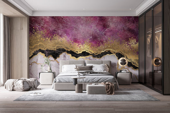 Luxury marble wall mural in a minimalist bedroom with grey bedding and decor.