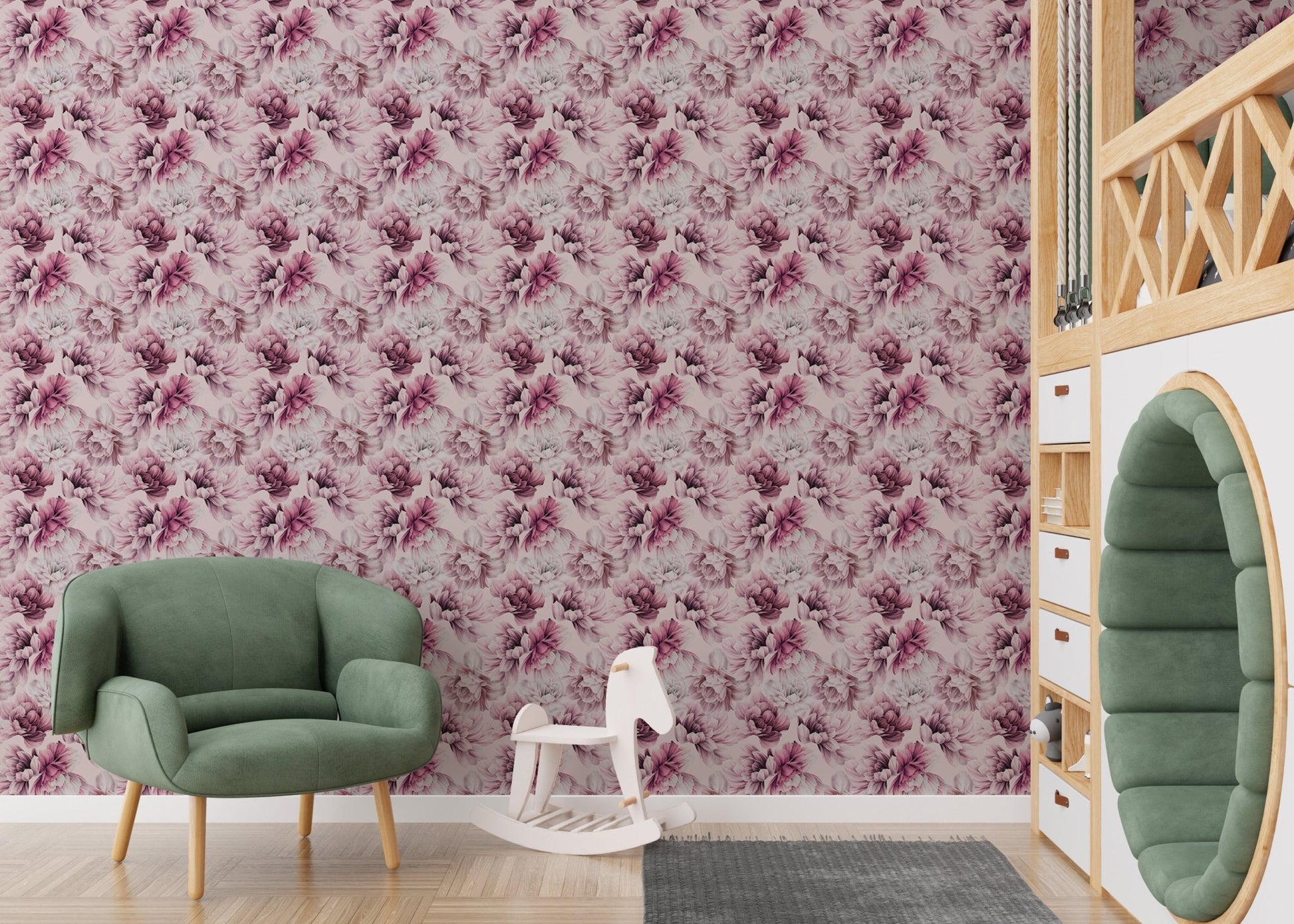 Kids play area with Pink Peony Flowers Summer Wallpaper and a green armchair.