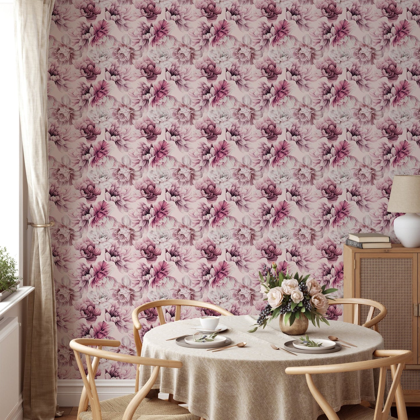 Round dining table set against Pink Peony Flowers Summer Wallpaper in dining area.