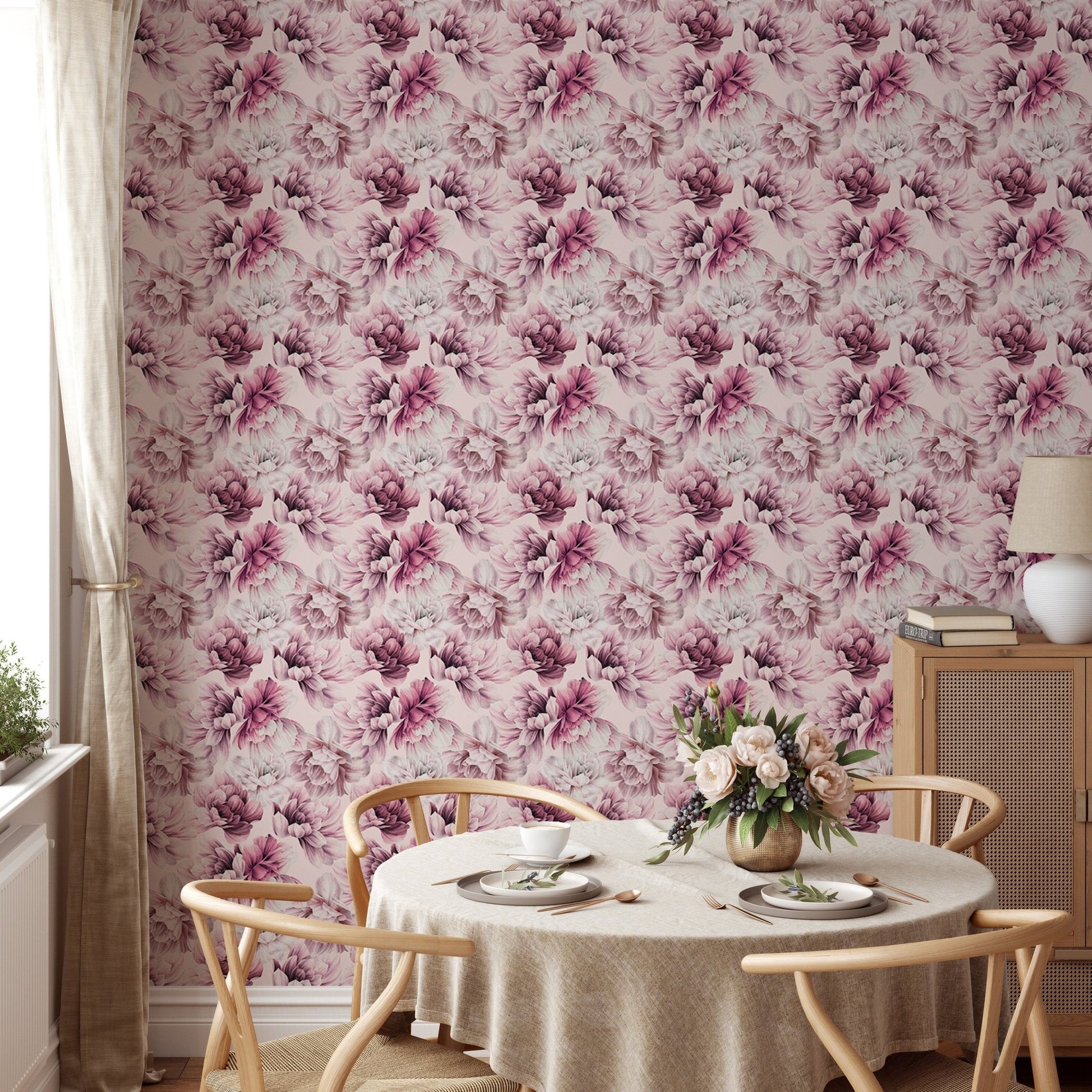 Round dining table set against Pink Peony Flowers Summer Wallpaper in dining area.