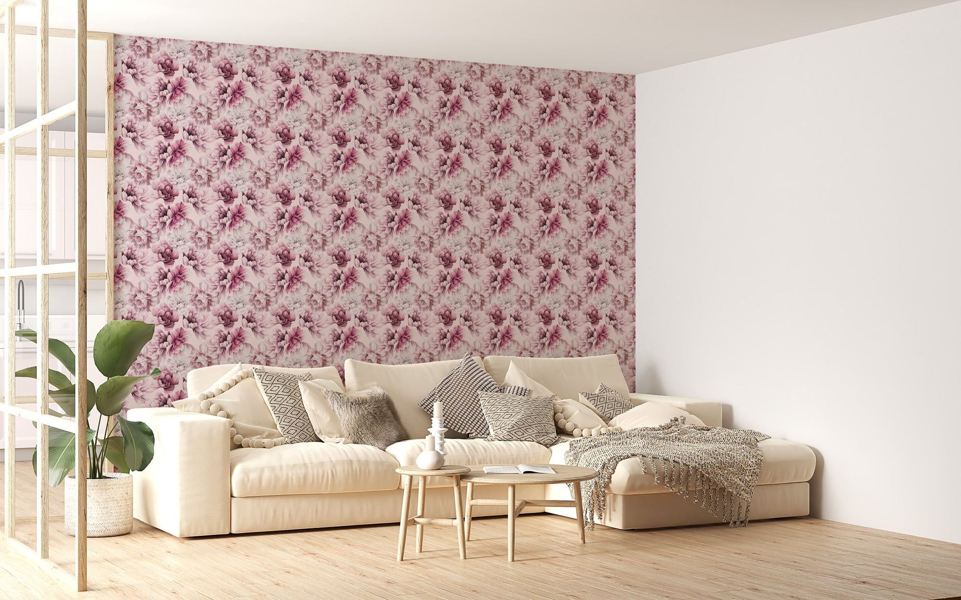 Modern living room featuring a cream sofa and pink peony floral wallpaper.