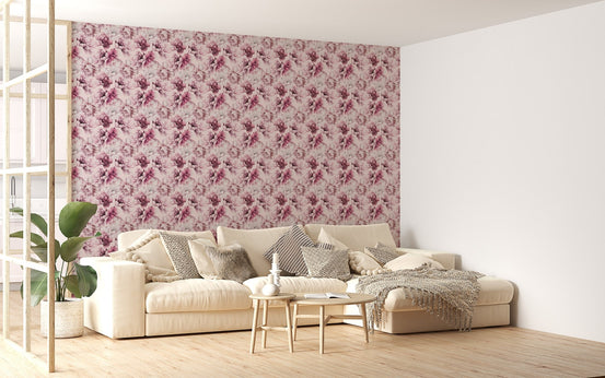Modern living room featuring a cream sofa and pink peony floral wallpaper.