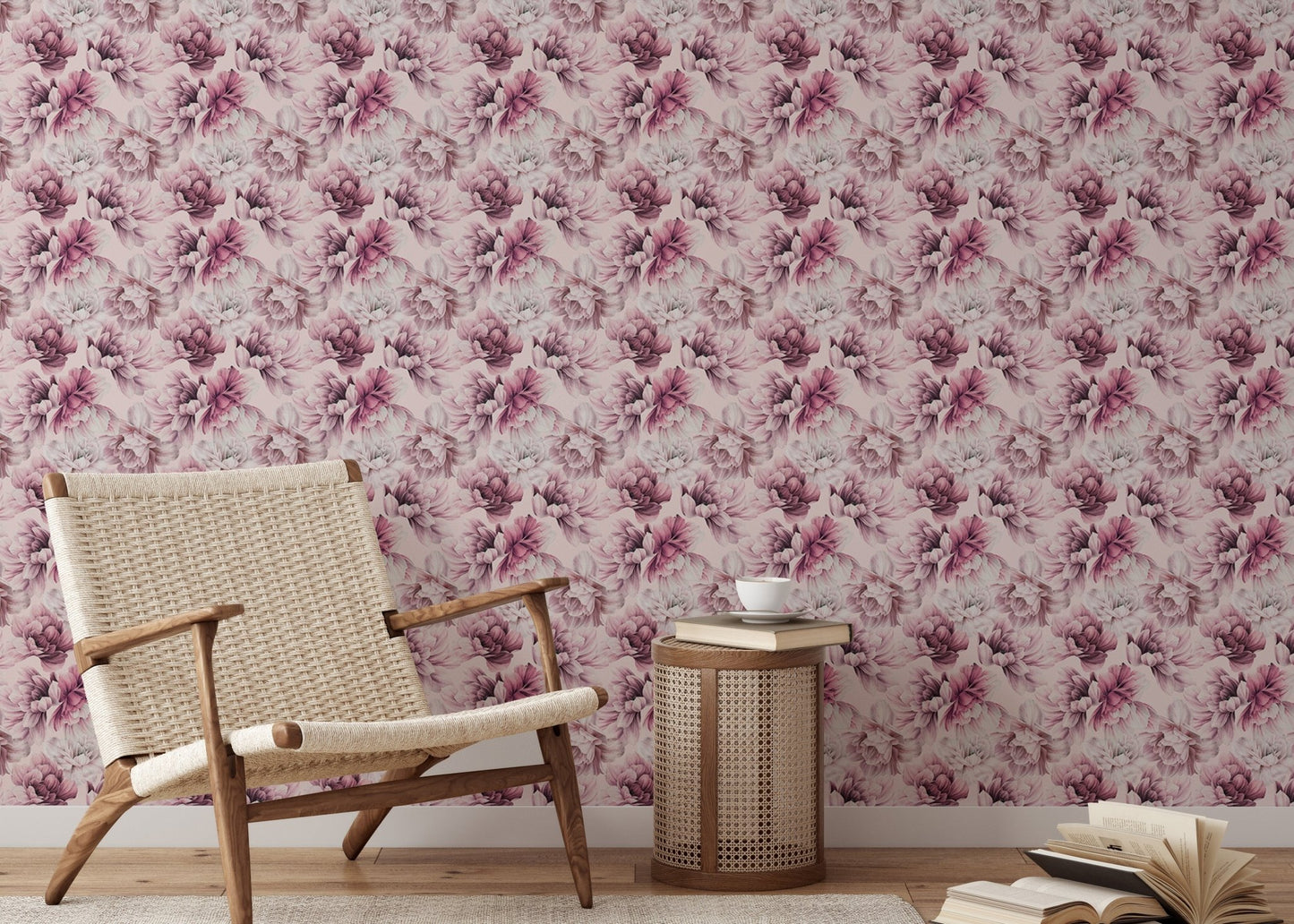 Pink Peony Flowers Summer Wallpaper behind a wooden chair and side table in reading area.