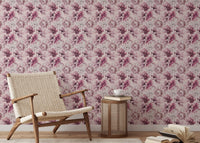 Pink Peony Flowers Summer Wallpaper behind a wooden chair and side table in reading area.