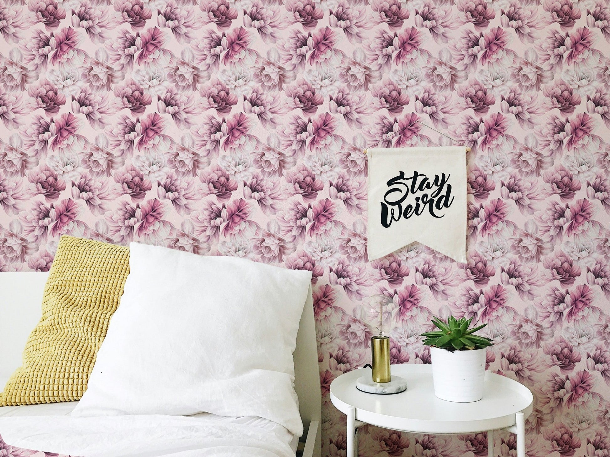 Pink Peony Flowers Summer Wallpaper in a bedroom with white bedding and yellow cushion.