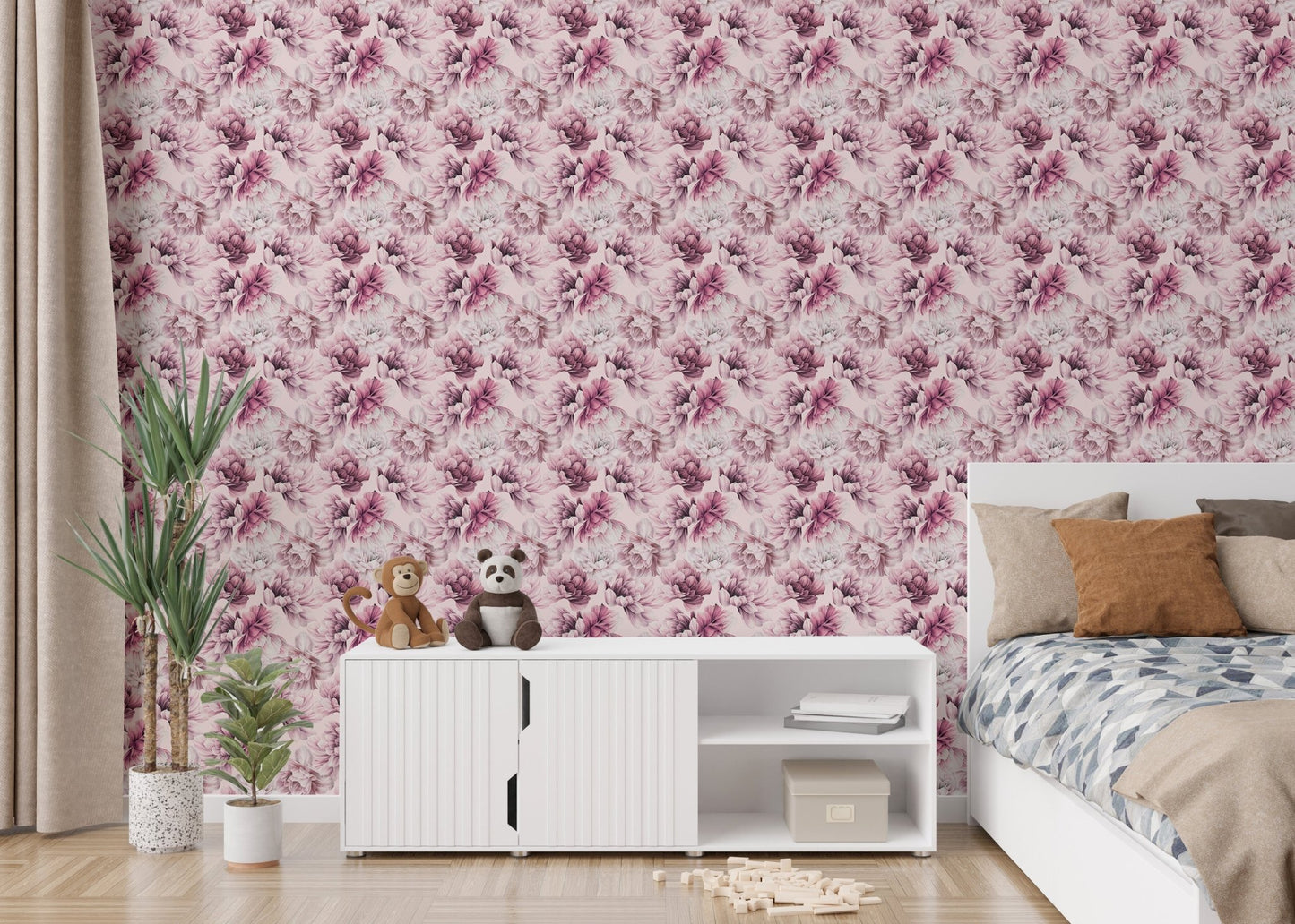 Minimalist bedroom setup with Pink Peony Flowers Summer Wallpaper and white console.