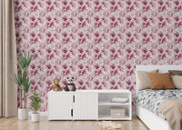 Minimalist bedroom setup with Pink Peony Flowers Summer Wallpaper and white console.