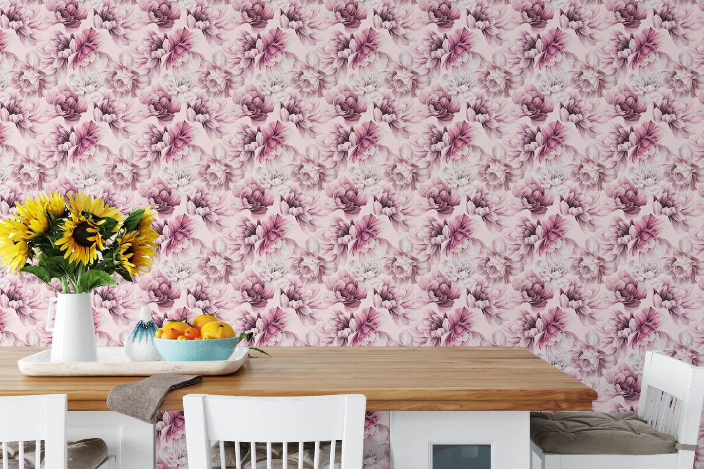 Pink Peony Flowers Summer Wallpaper in a dining room with sunflowers on the table.