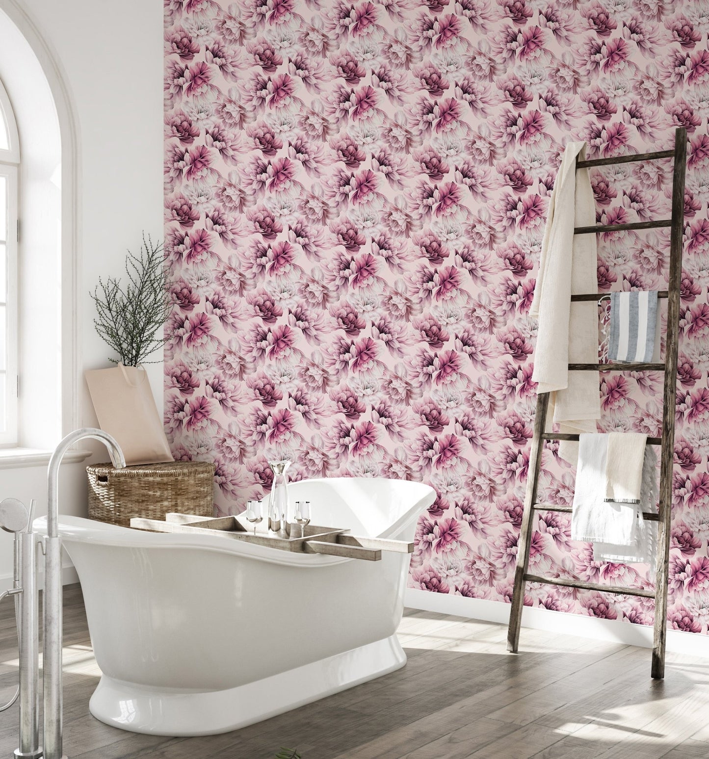 Floral wallpaper featuring pink peonies behind a modern white bathtub in bathroom.