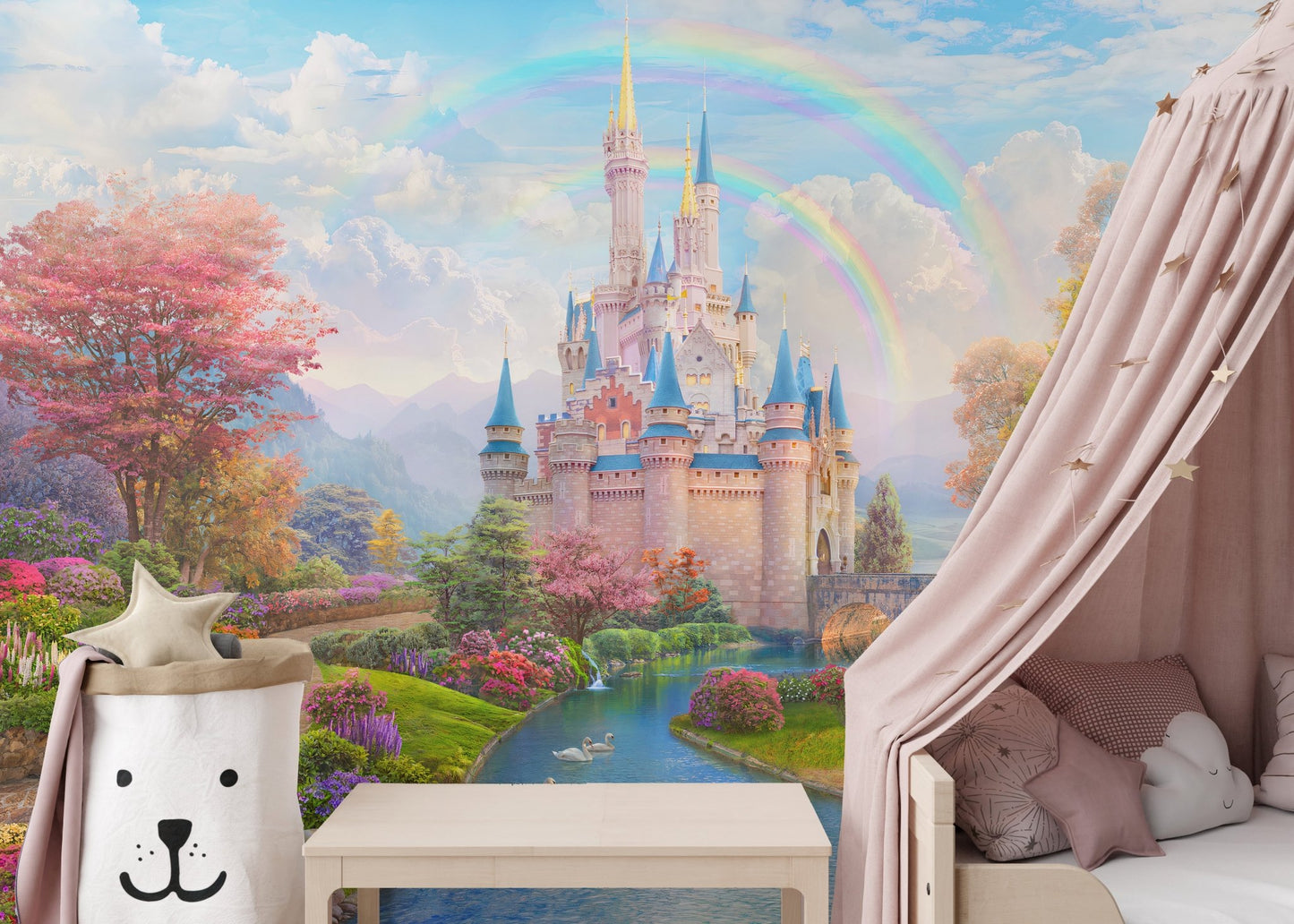 Illustrative pink castle wall mural with a pink tent and plush toys in kids bedroom.