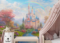 Illustrative pink castle wall mural with a pink tent and plush toys in kids bedroom.
