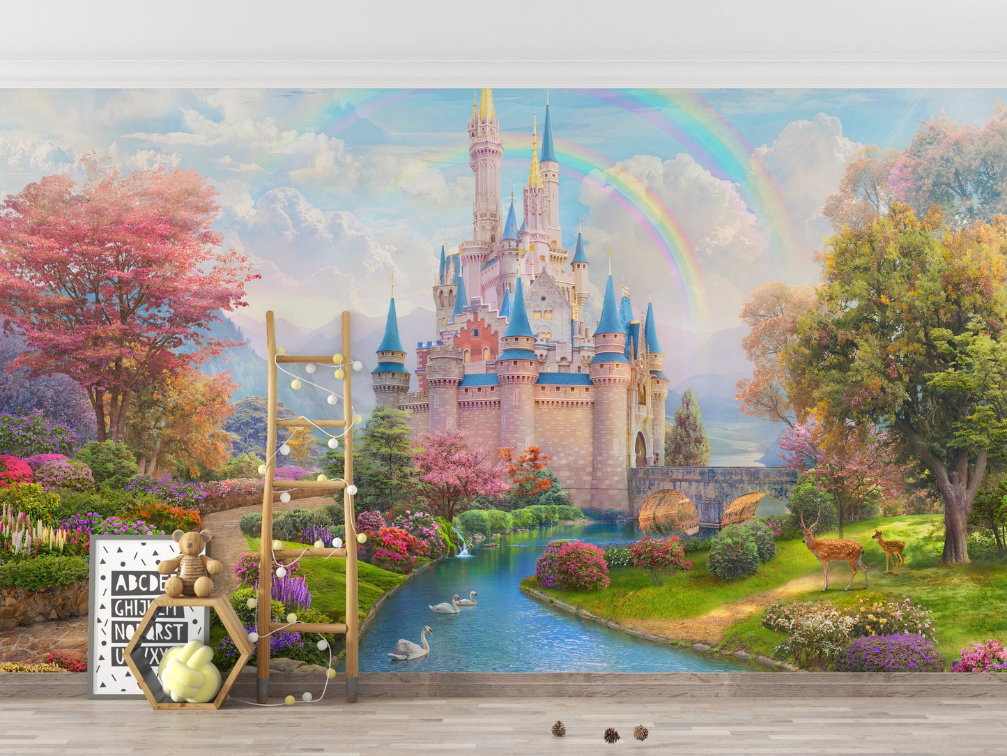 Magical pink princess castle wall mural in kids play area.
