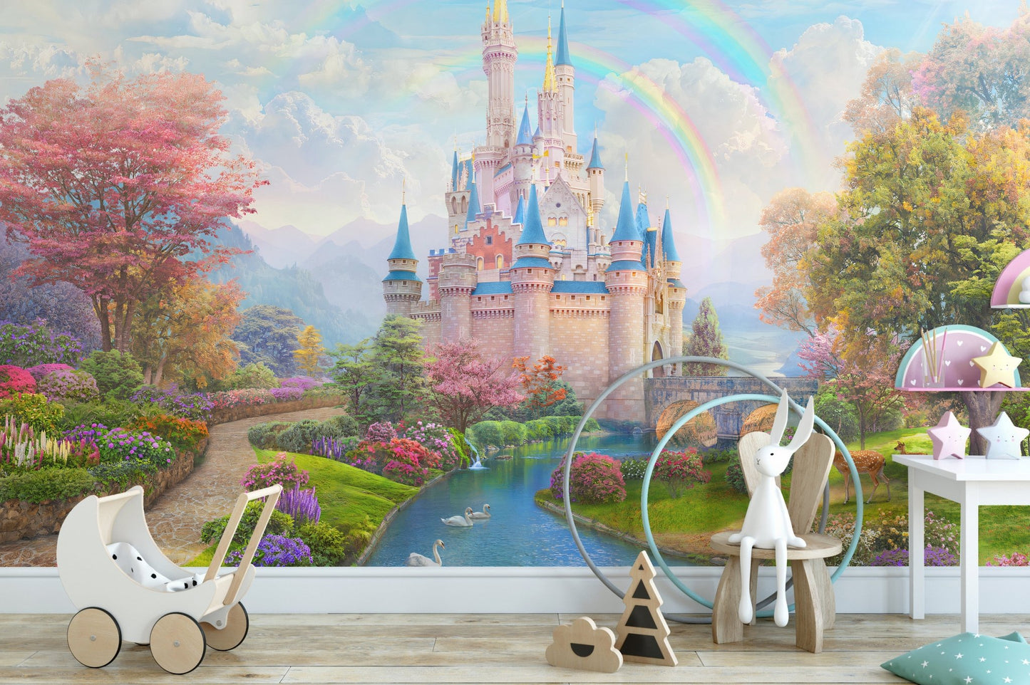 Enchanted castle wall mural featuring a rainbow and blue river in a nursery.