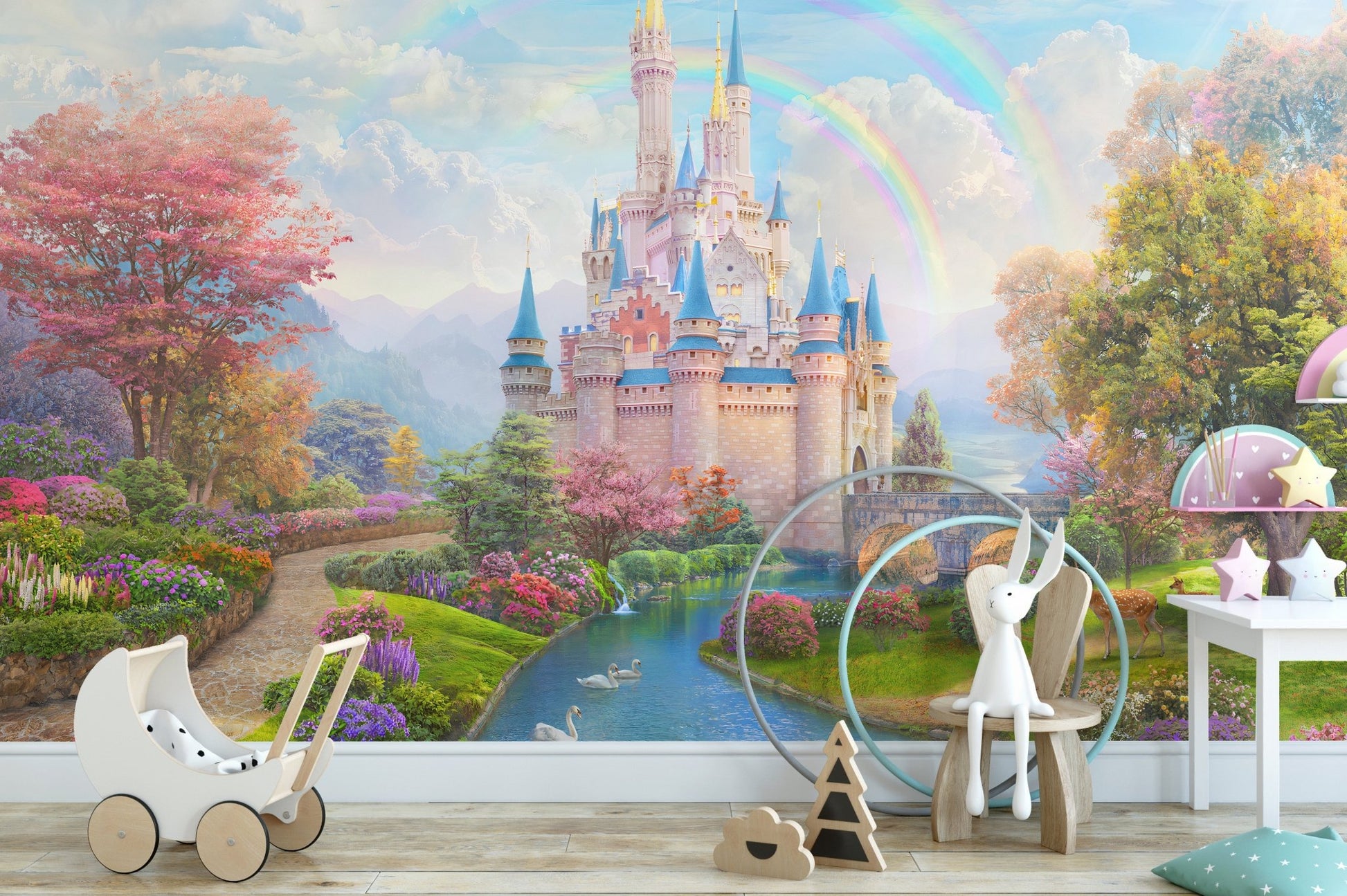 Enchanted castle wall mural featuring a rainbow and blue river in a nursery.