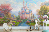 Enchanted castle wall mural featuring a rainbow and blue river in a nursery.