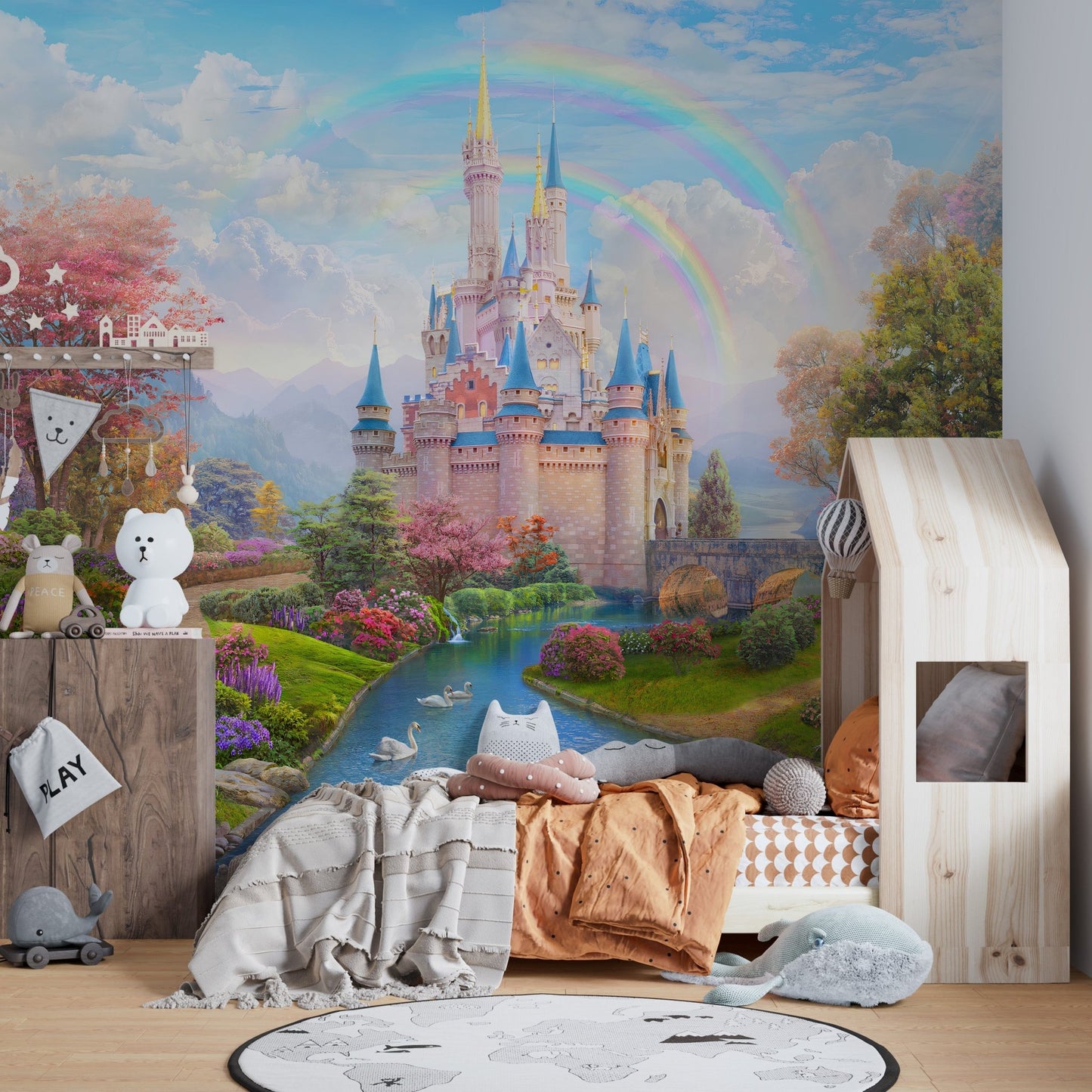 Fairy tale pink castle wall mural with green trees and flowers for bedrooms.