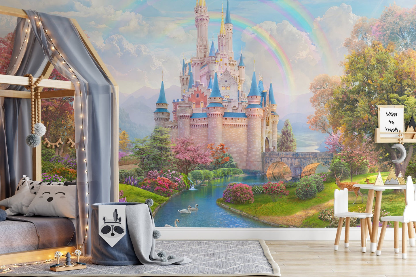 Pink castle mural for a princess-themed bedroom.
