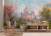 Custom castle wall mural with a swing chair and wooden storage unit in nursery.