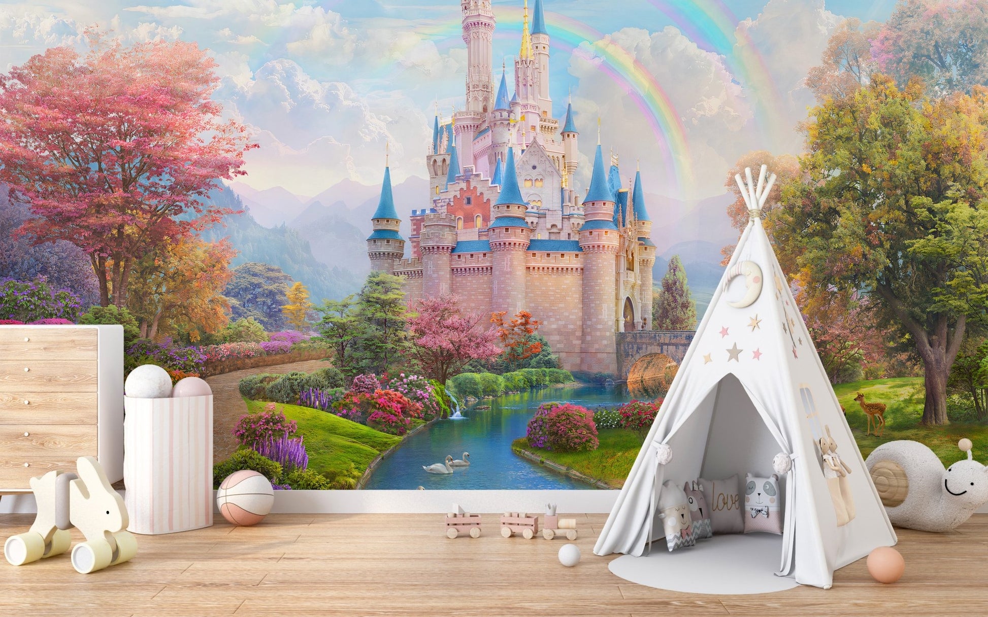 Kids nursery wall mural with princess castle.
